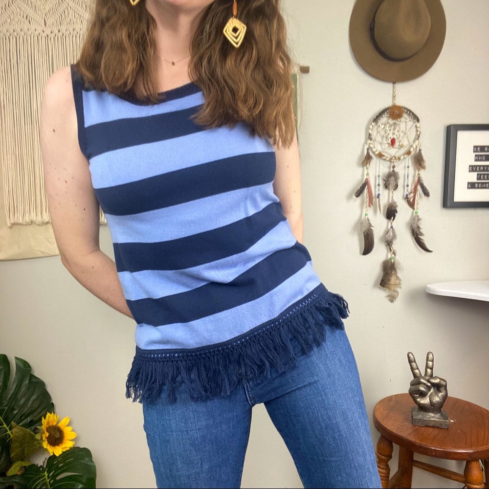 Sail to Sable Navy Striped Fringe Hem Sleeveless Knit Top Size XS